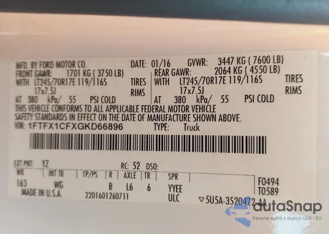 2016 Ford F-150 Xl from USA, damaged, VIN 1FTFX1CFXGKD66896